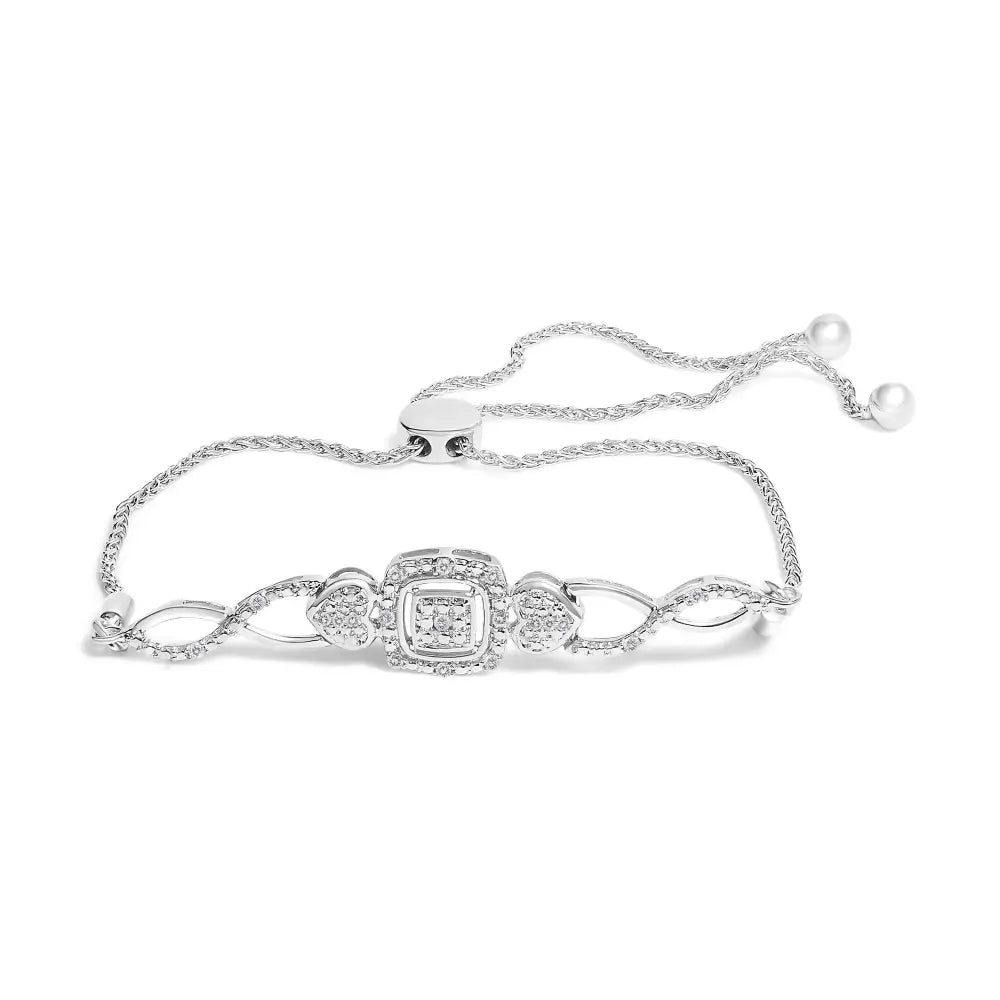 Diamond Double Heart Twist Bolo Bracelet in Sterling Silver – Adjustable