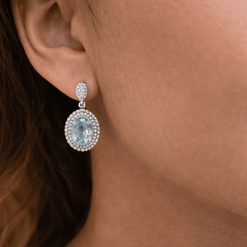 .925 Sterling Silver 0.04 Cttw Diamond Accent Oval Blue Topaz Beaded Halo Drop Stud Earrings (I-J, I1–I2)