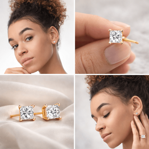 Collage of diamond stud earrings on a model, close-up, and worn on an ear.