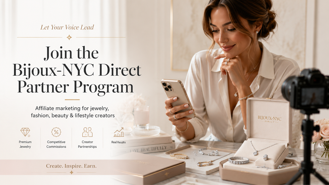 Jewelry content creator promoting the Bijoux-NYC Direct affiliate partner program with diamond necklaces, bracelets and earrings