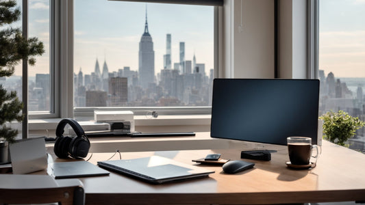 Modern home office workspace setup for remote work in 2025 with ergonomic desk, laptop, and productivity tools