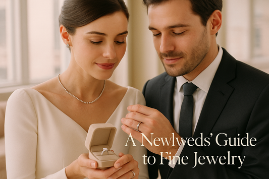 Newlywed couple admiring fine jewelry - bride wearing diamond necklace and earrings, groom showing platinum wedding band and engagement ring in elegant NYC boutique setting