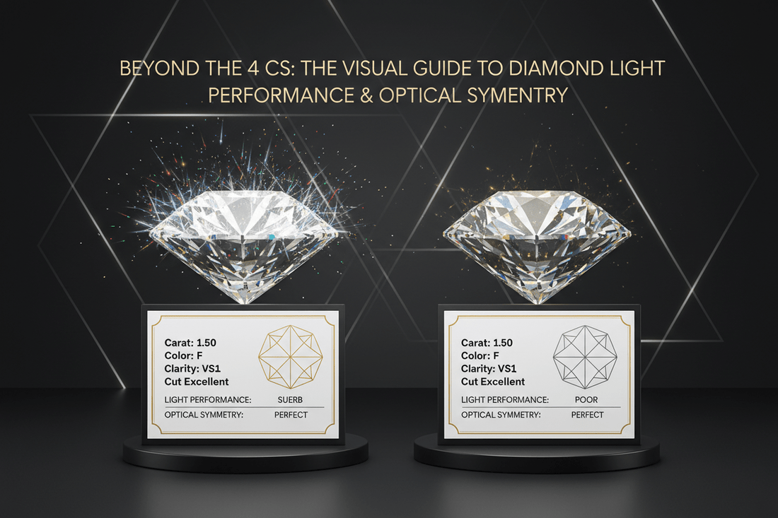 Beyond Four Cs: diamond light performance, optical symmetry, brilliance, fire, and contrast comparison