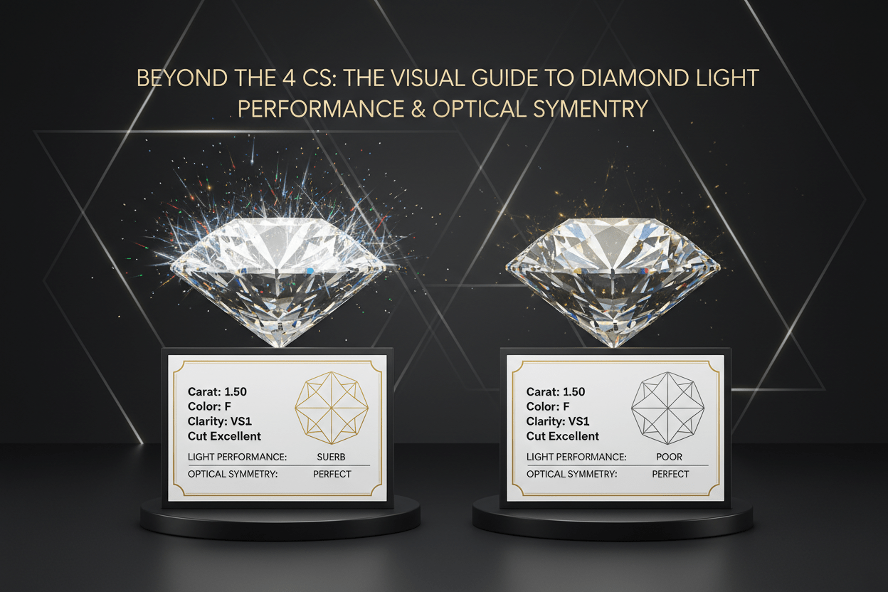 Beyond Four Cs: diamond light performance, optical symmetry, brilliance, fire, and contrast comparison