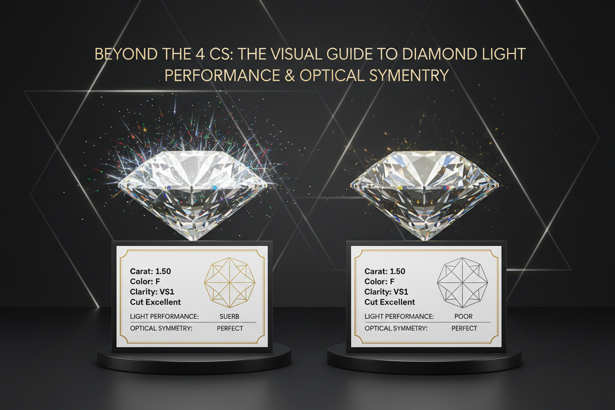 Beyond Four Cs: diamond light performance, optical symmetry, brilliance, fire, and contrast comparison