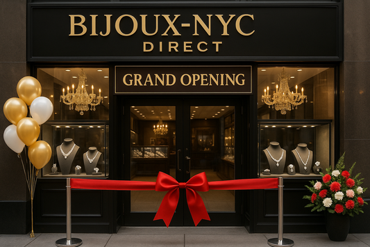 Bijoux-NYC Direct Grand Opening: Elegant jewelry store storefront in New York's Diamond District with sparkling diamond displays, grand opening signage, and celebratory ribbon cutting ceremony