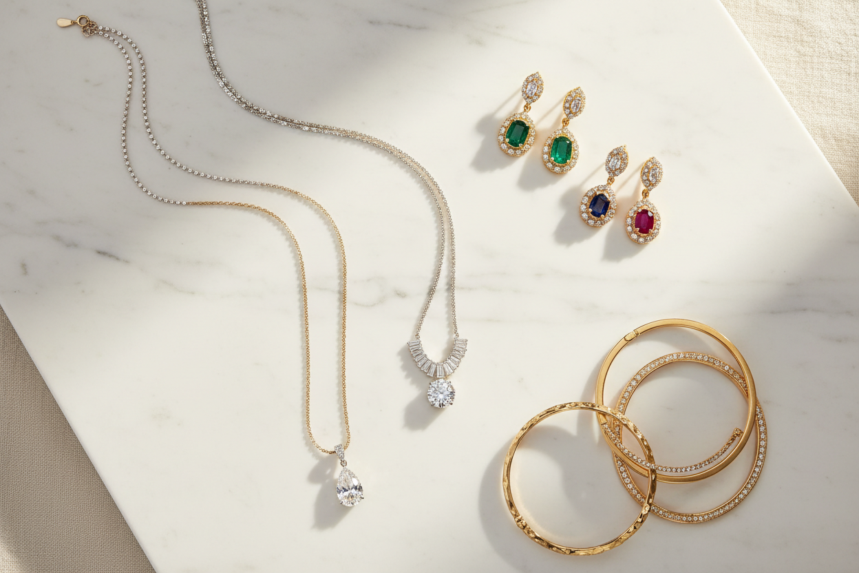 Curated fine jewelry collection featuring diamond necklaces, gemstone earrings, and gold bracelets — Bijoux NYC Direct shopping and customer support guide.