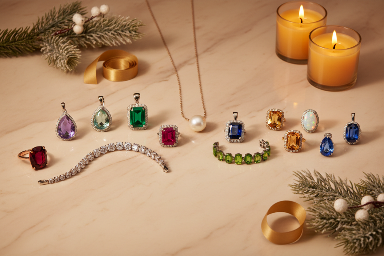 Birthstones by month fine jewelry gift guide flat-lay featuring twelve gemstone jewelry pieces representing garnet through tanzanite on champagne marble — Bijoux NYC Direct