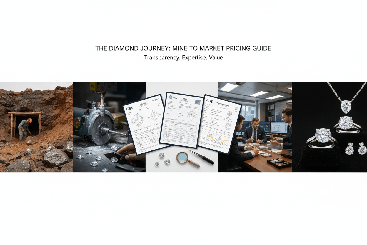 Diamond pricing journey from rough extraction to cutting, certification, wholesale trading, and finished jewelry