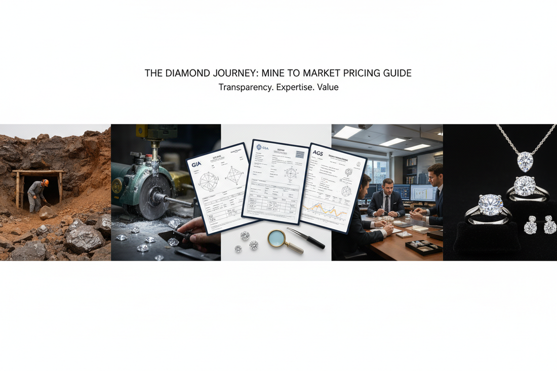 Diamond pricing journey from rough extraction to cutting, certification, wholesale trading, and finished jewelry