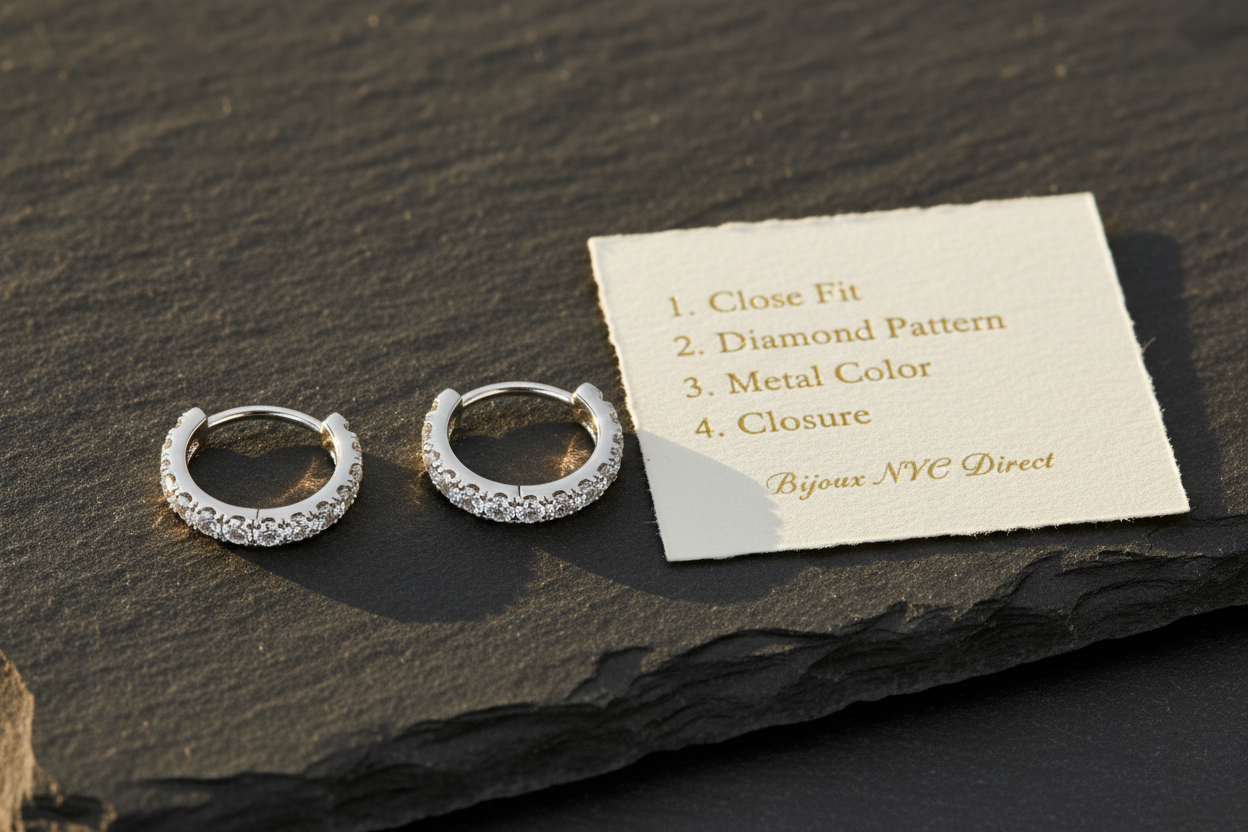 White gold diamond huggie earrings on dark slate beside an elegant guide card listing fit, diamond pattern, metal color, and closure – Bijoux NYC Direct