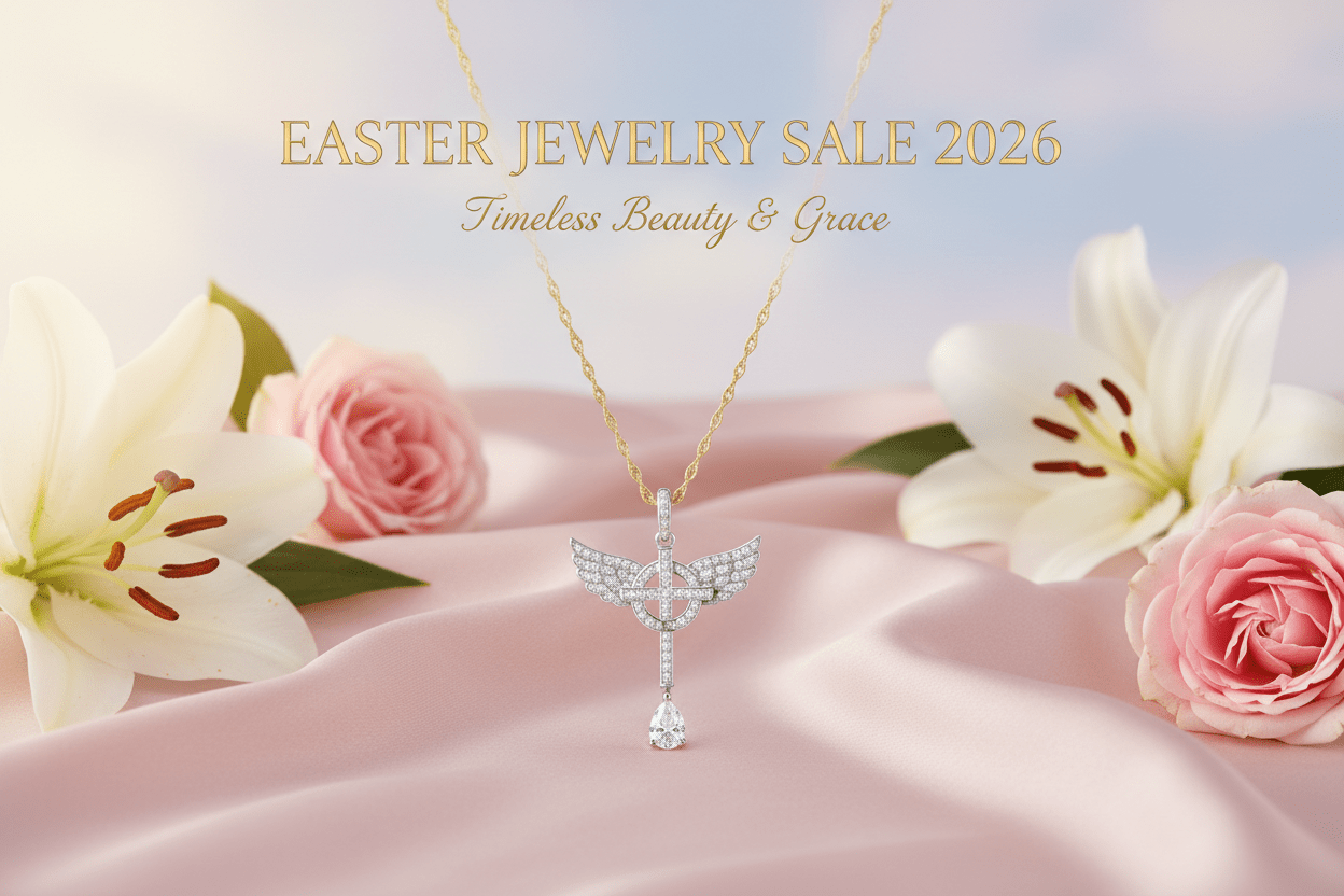 Elegant angel cross pendant necklace surrounded by white lilies and soft pink roses with warm golden light — Easter Jewelry Sale 2026 hero banner.