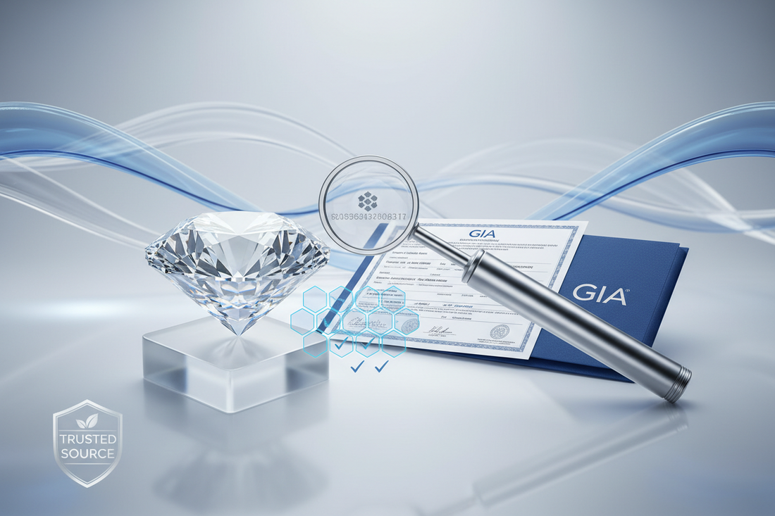 Certified diamond with GIA documentation and laser inscription verification under magnification, illustrating ethical diamond traceability and authentication standards