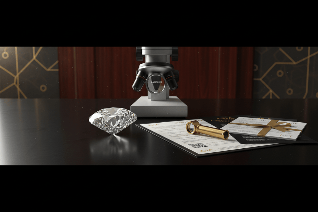 Certified diamond with GIA grading report and laser inscription verification under magnification showing ethical diamond traceability documentation chain from origin to final sale