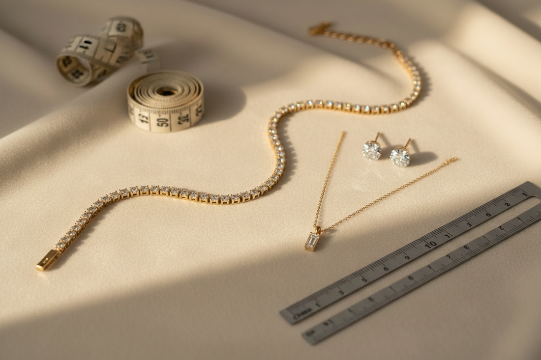 Diamond bracelet, stud earrings, and pendant necklace styled on ivory velvet with a measuring tape and ruler — fine jewelry sizing guide from Bijoux-NYC Direct.