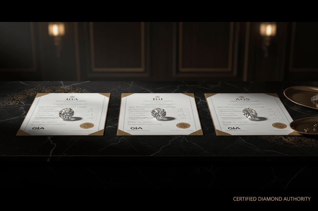 GIA IGI and AGS diamond grading reports with certified diamonds on elegant dark surface showing laboratory certification comparison for diamond buying authority