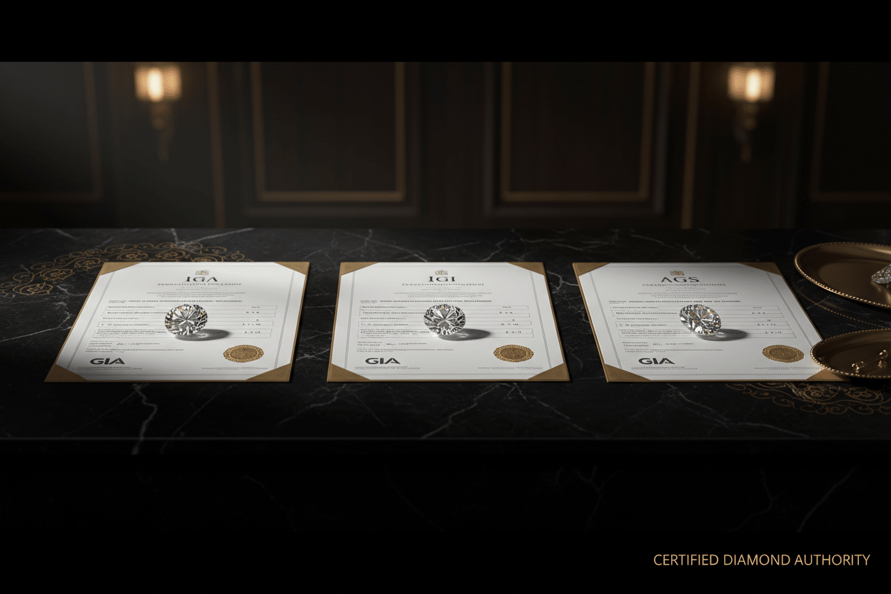 GIA IGI and AGS diamond grading reports with certified diamonds on elegant dark surface showing laboratory certification comparison for diamond buying authority
