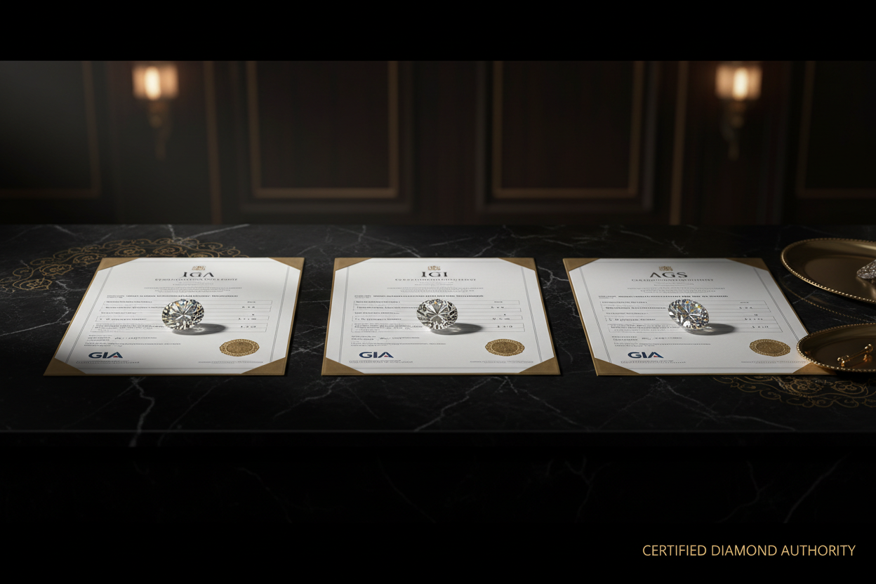 GIA IGI and AGS diamond grading reports with certified diamonds on elegant dark surface showing laboratory certification comparison for diamond buying authority