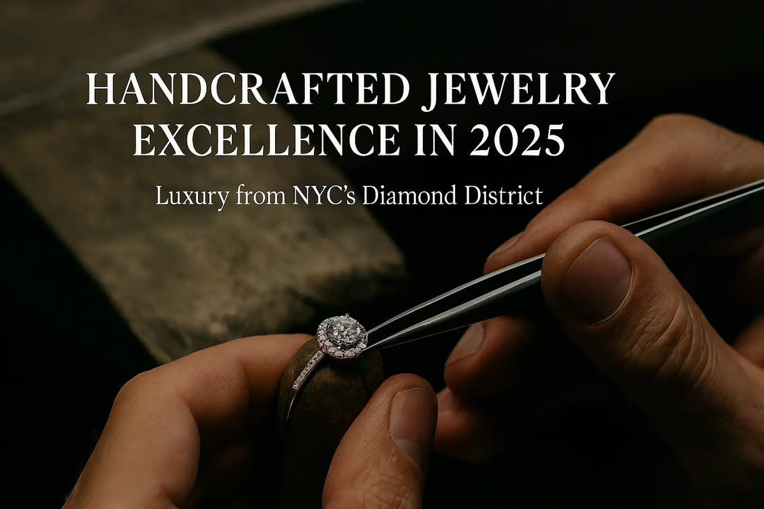 Close-up of a jeweler setting a diamond halo ring with tweezers—handcrafted luxury from NYC’s Diamond District, softly lit workshop background with open space for title.