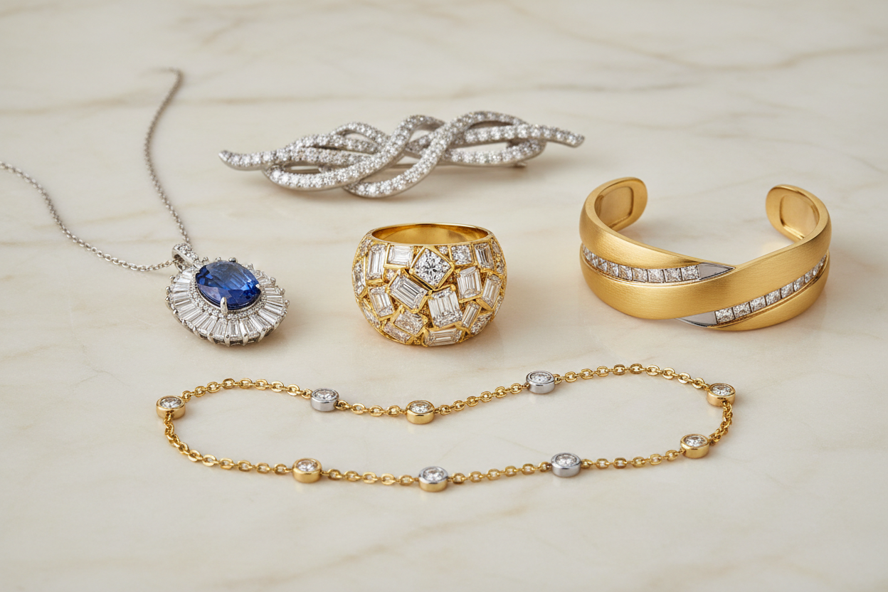 Editorial flat lay: yellow gold cocktail ring, sapphire pendant, diamond brooch, two-tone station necklace, diamond bangle on ivory marble