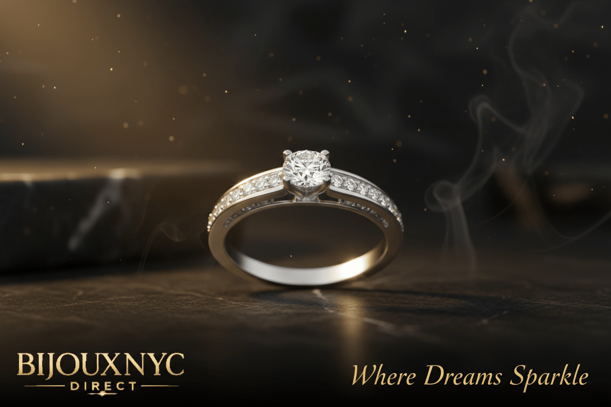 4K white gold diamond solitaire pavé engagement ring hero banner featuring the BijouxNYC Direct gold logo and "Where Dreams Sparkle" tagline.