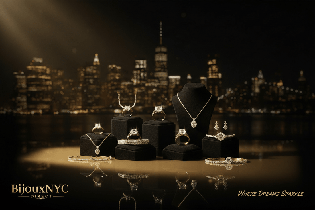 Luxury diamond jewelry hero banner featuring the BijouxNYC Direct gold logo and "Where Dreams Sparkle" tagline at the bottom, evoking the prestige of New York's Diamond District.