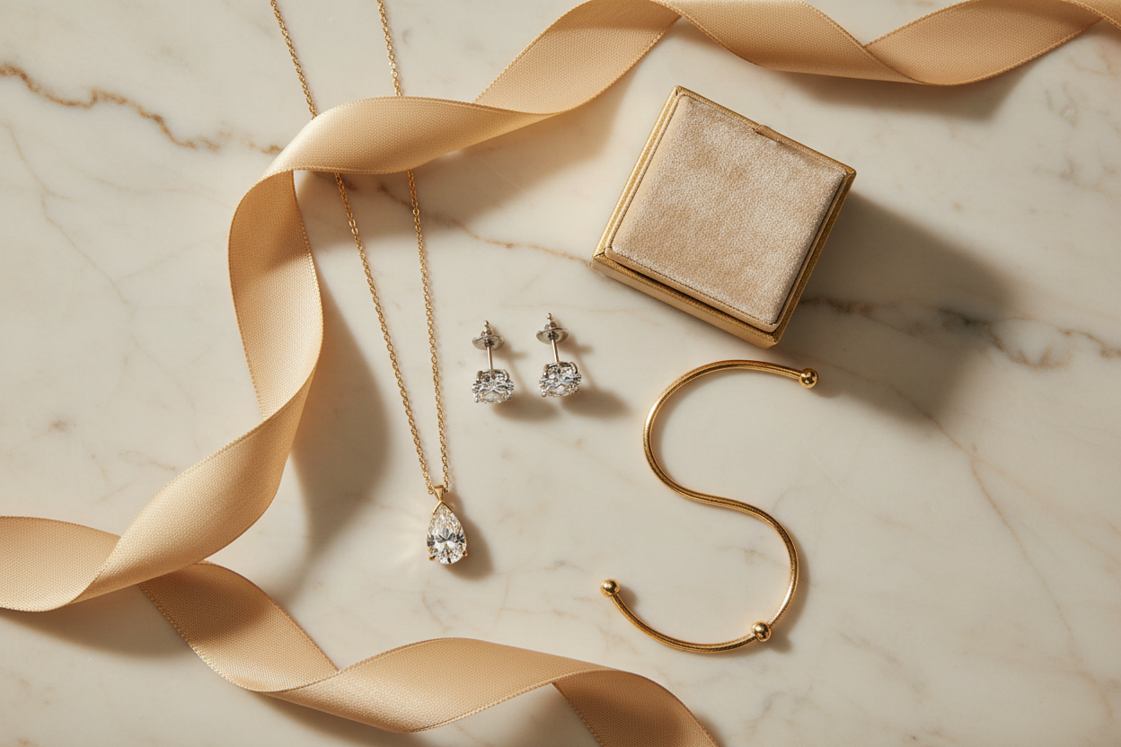Editorial flat lay: diamond studs, pendant necklace, gold bolo bracelet with gift box on ivory marble