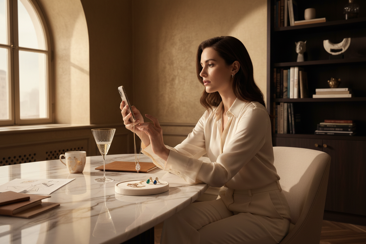Jewelry creator photographing a diamond necklace and gemstone earrings with a smartphone in a luxury New York-inspired studio – Bijoux-NYC Direct Partner Program