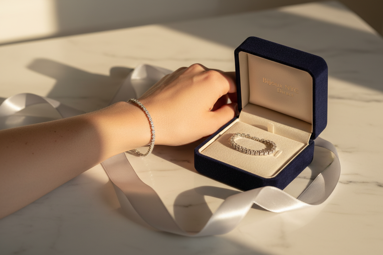 Elegant woman's wrist wearing a diamond bracelet beside an open jewelry gift box with ribbon on white marble – Bijoux NYC Direct