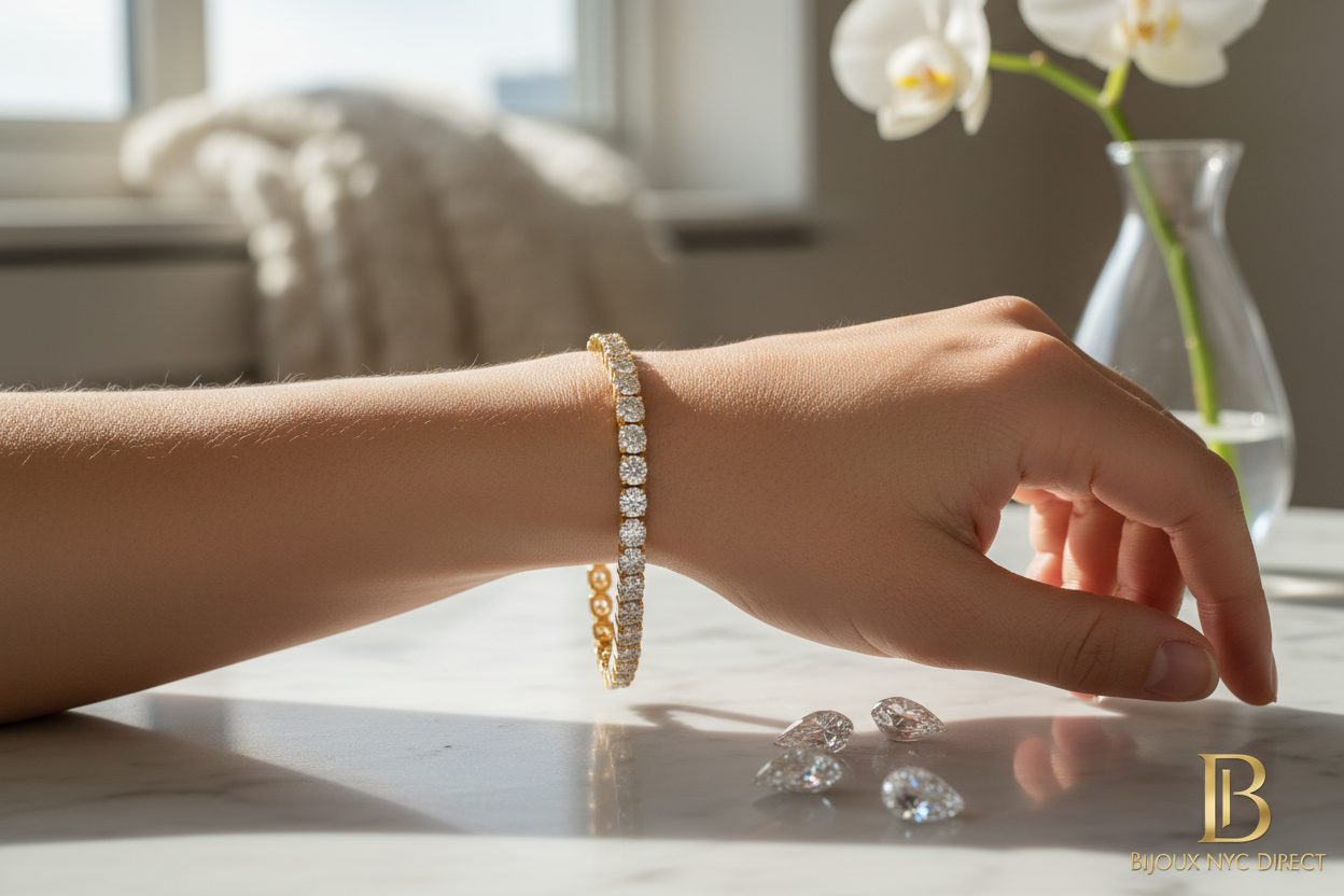 Diamond tennis bracelet on wrist, editorial lifestyle photo – Bijoux NYC Direct