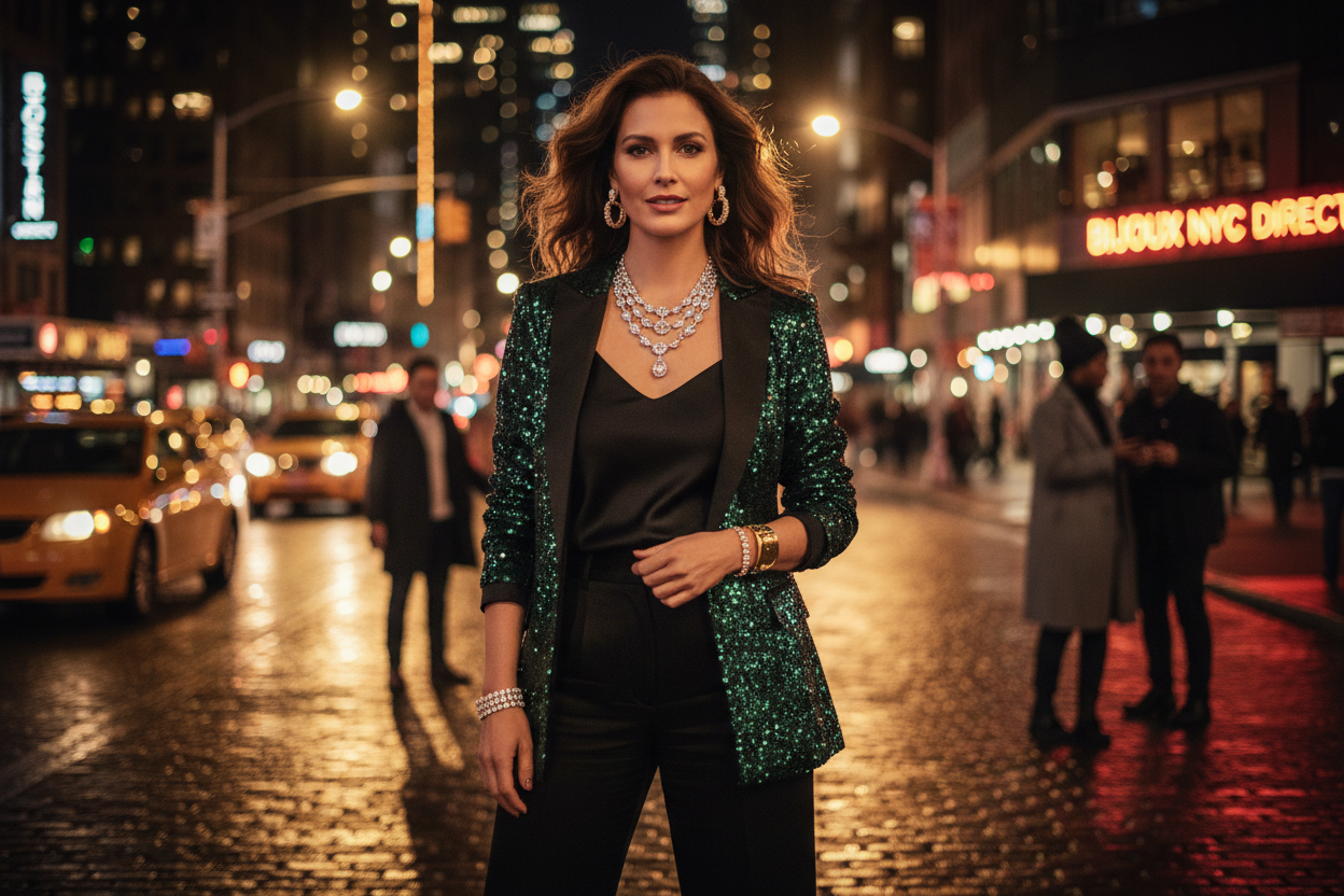 Confident woman wearing diamond necklace, gold earrings, and bracelet in New York city nightlife with warm golden glow – Bijoux NYC Direct