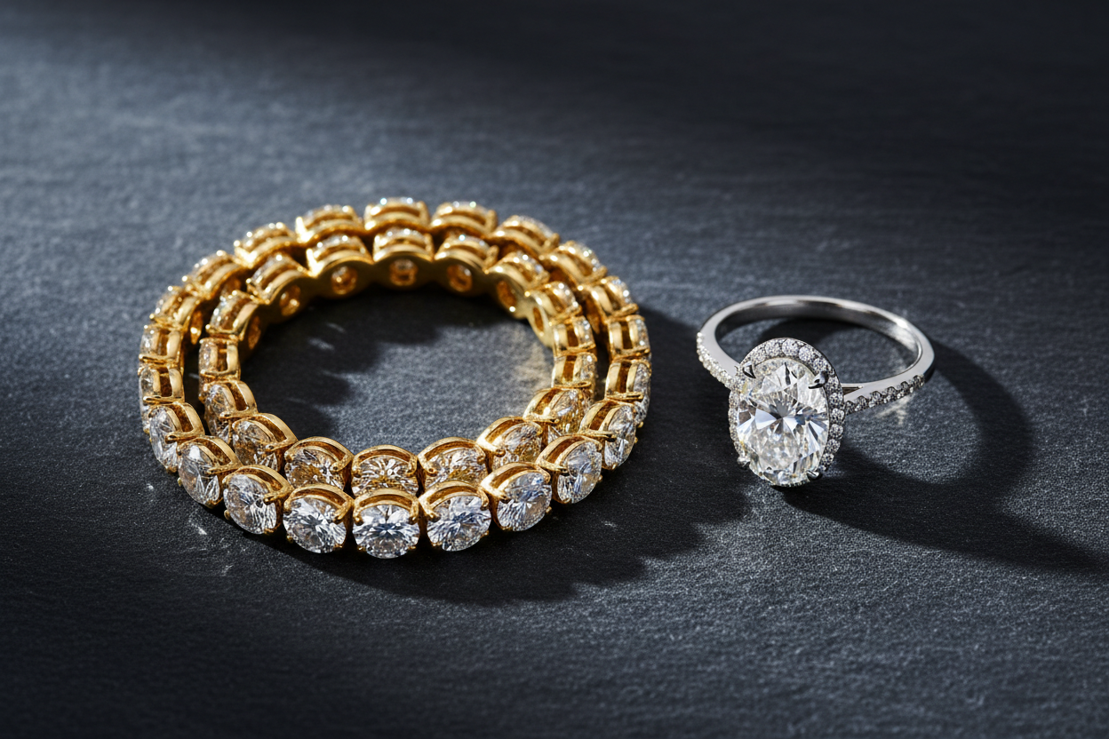 Yellow gold diamond bracelet and platinum diamond ring on dark slate contrasting warm and cool metal tones – Bijoux NYC Direct