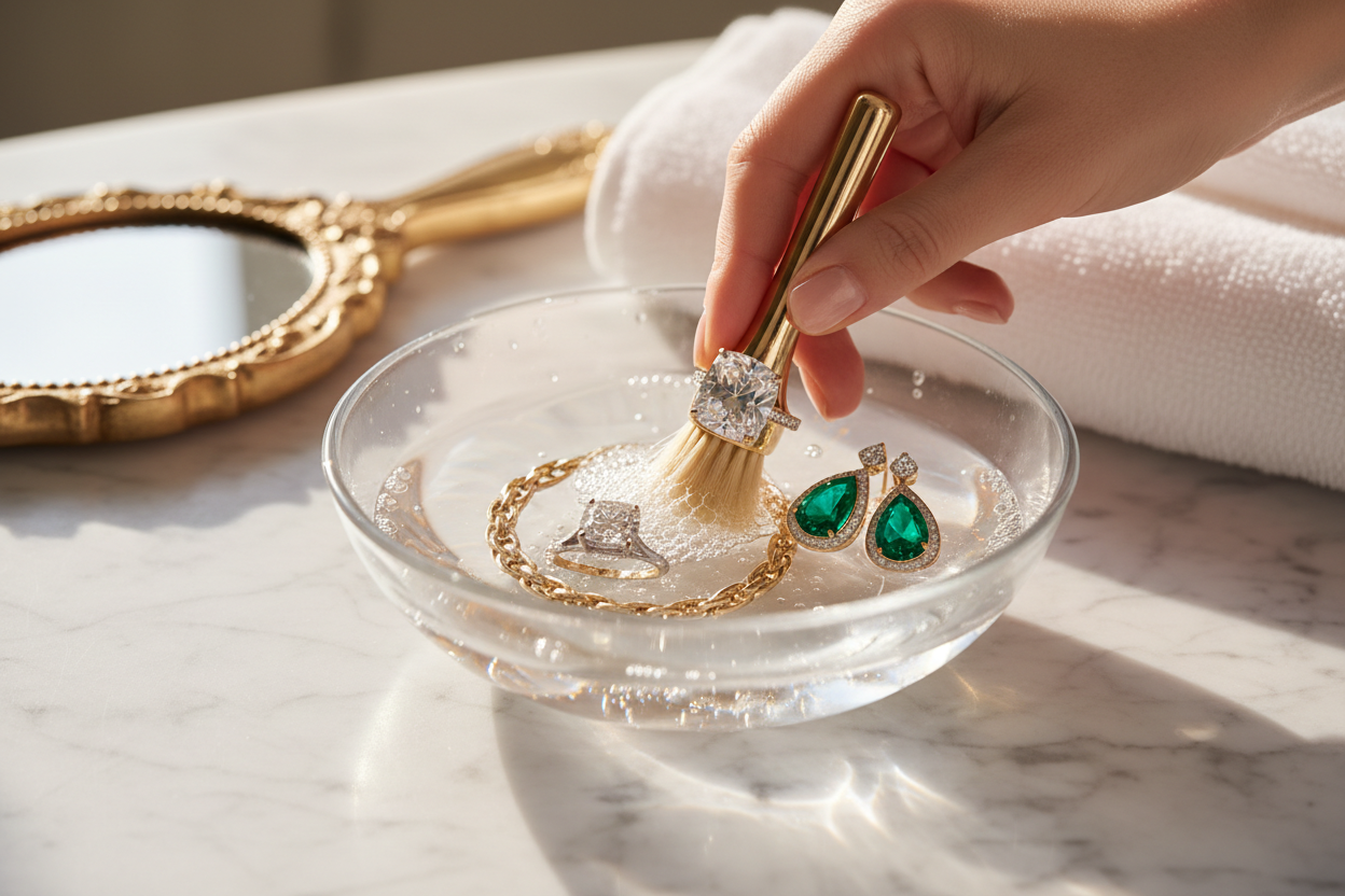 Diamond ring, gold bracelet, and gemstone earrings being gently cleaned with a soft brush in soapy water on white marble – Bijoux NYC Direct