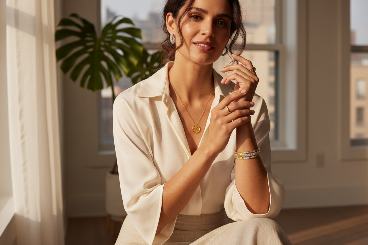 Woman wearing yellow gold pendant necklace, white gold diamond hoop earrings, and a two-tone diamond bangle in warm natural light – Bijoux NYC Direct