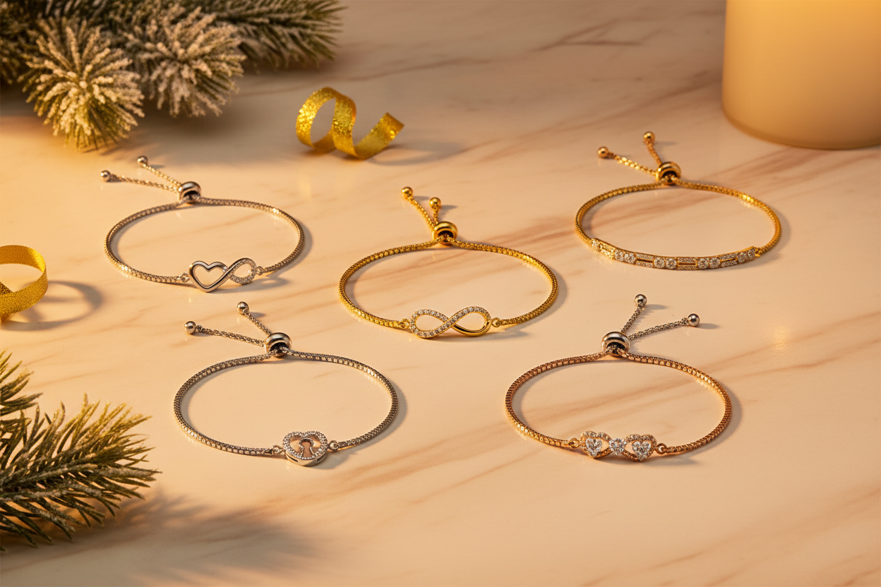 Holiday adjustable bolo bracelet gift guide flat-lay featuring diamond infinity, heart-infinity, linear link, keyhole charm, and rose-plated heart link bolo bracelets on champagne marble — Bijoux NYC Direct