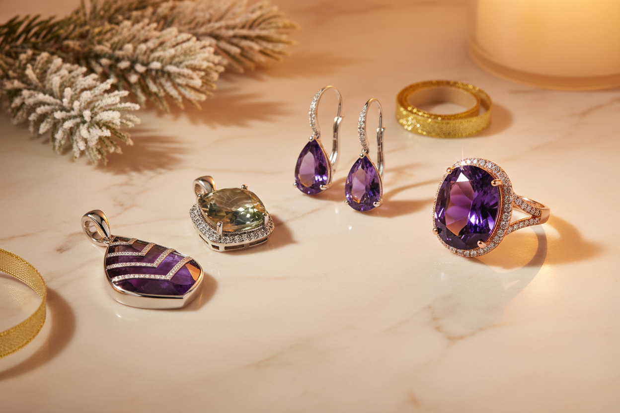 Holiday amethyst jewelry gift guide flat-lay featuring chevron amethyst pendant, gray-green diamond halo pendant, pear amethyst drop earrings, and purple amethyst cocktail ring on champagne marble — Bijoux NYC Direct