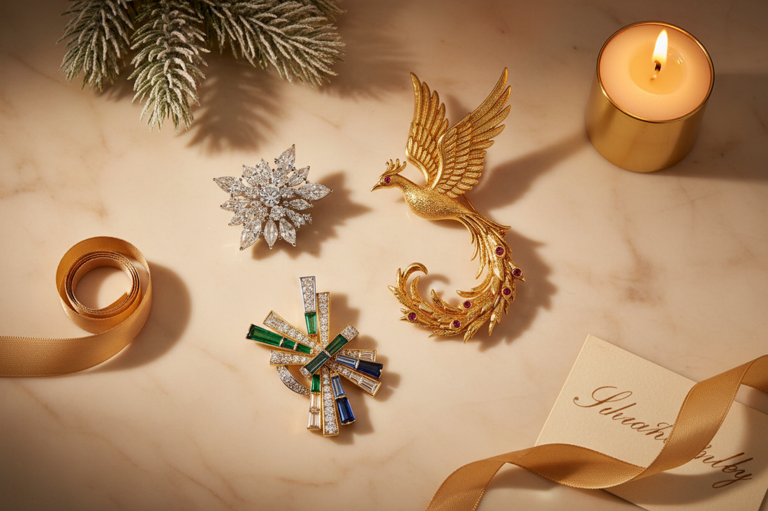 Holiday brooch gift guide flat-lay featuring diamond floral, gold animal, and geometric gemstone pins with pine and ribbon accents on marble — Bijoux NYC Direct
