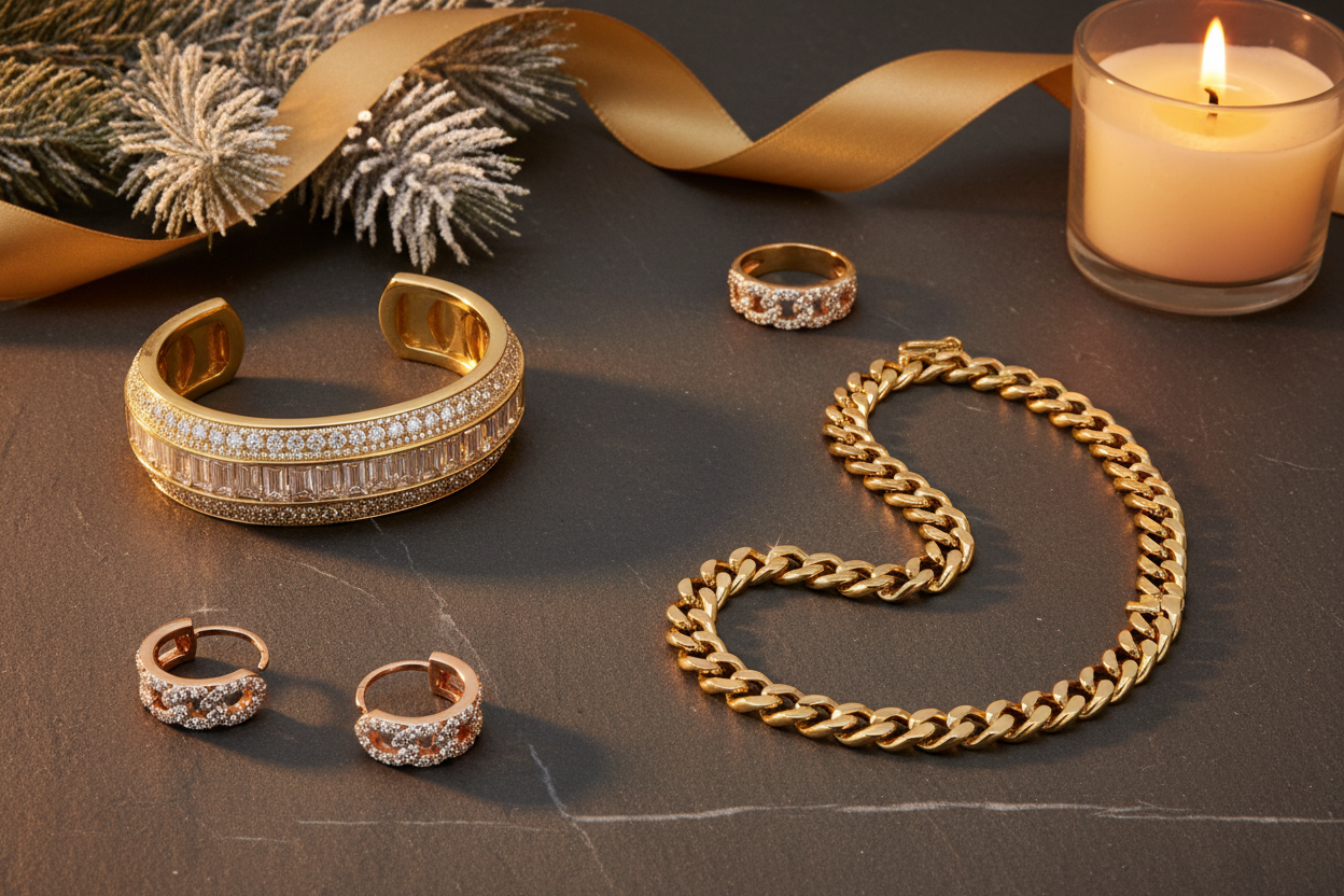 Holiday Cuban jewelry gift guide flat-lay featuring diamond Cuban link bracelet, chain necklace, ring, and rose gold huggie earrings on marble with pine and candlelight — Bijoux NYC Direct