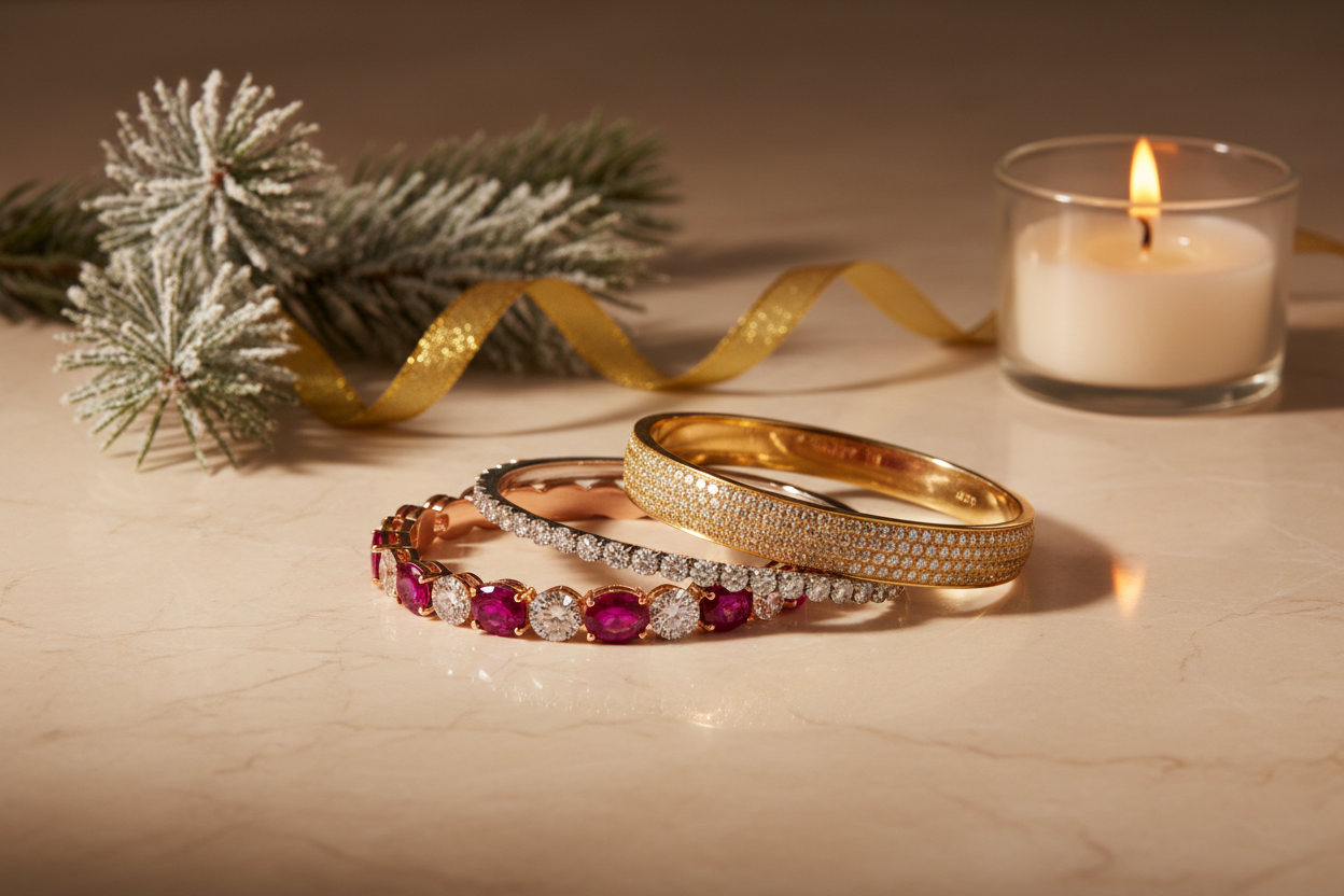 Holiday diamond bangle gift guide flat-lay featuring slim white gold, wide pavé yellow gold, and gemstone rose gold bangles on champagne marble with pine and candlelight — Bijoux NYC Direct