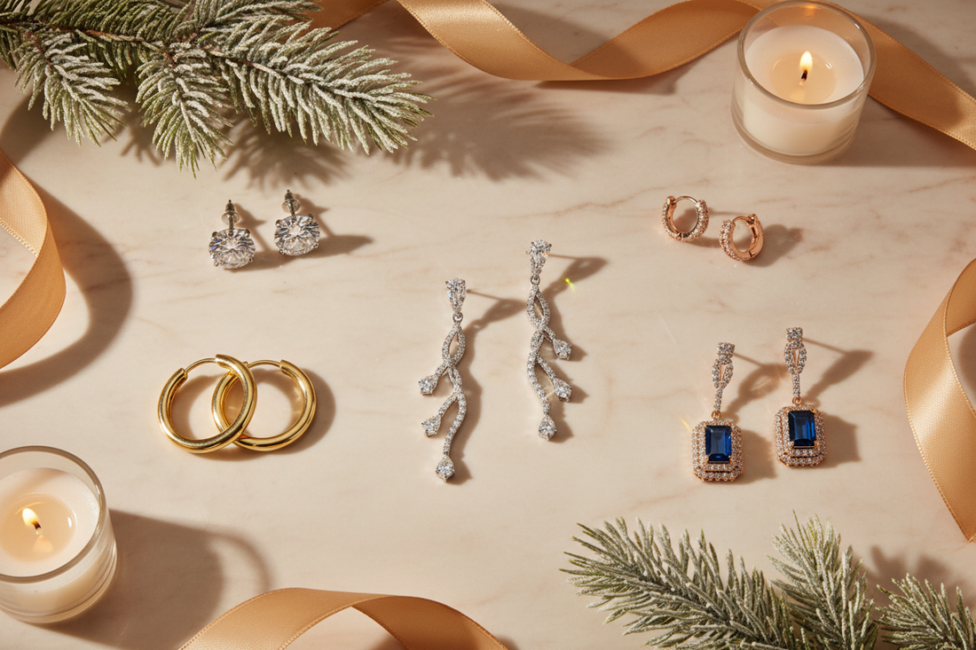 Holiday diamond earring gift guide flat-lay featuring studs, hoops, huggies, drops, and dangle earrings on champagne marble with pine and candlelight — Bijoux NYC Direct