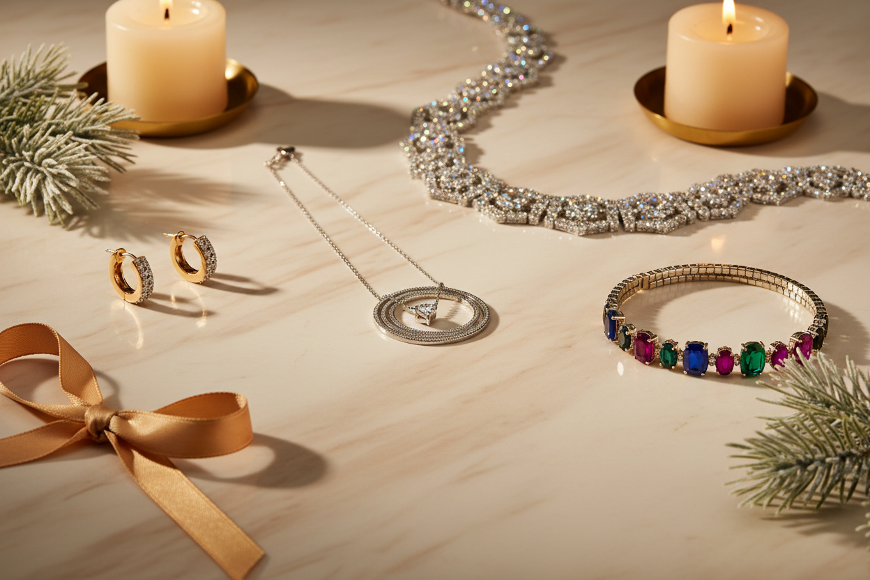 Holiday jewelry gift guide flat-lay featuring sterling silver pendant, gold diamond earrings, gemstone bracelet, and diamond necklace on champagne marble with pine and candlelight — Bijoux NYC Direct
