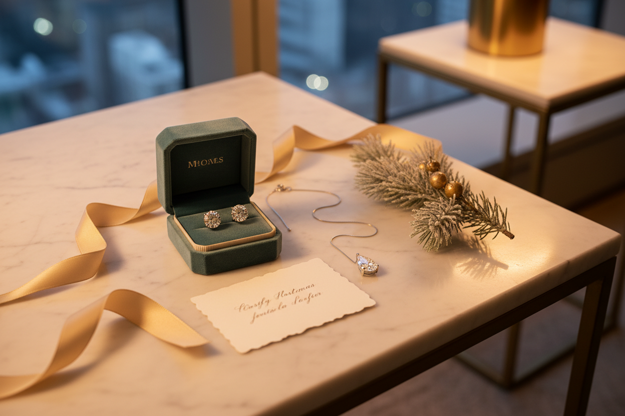 Elegant holiday jewelry gift flat-lay with diamond earrings, pendant necklace, gift note, and pine accents on marble — Bijoux NYC Direct