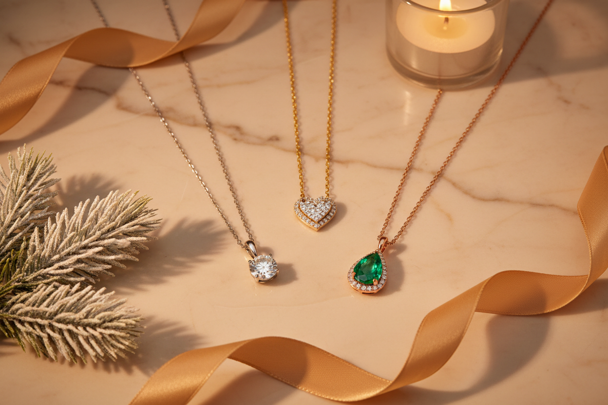Holiday necklace and pendant gift guide flat-lay featuring diamond solitaire, heart pendant, and gemstone pendant on champagne marble with pine and candlelight — Bijoux NYC Direct
