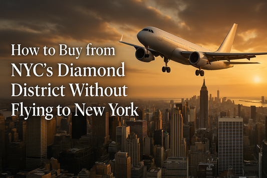 How to buy from NYC Diamond District without flying to New York - commercial airplane over Manhattan skyline and 47th Street jewelry district showing online access to authentic Diamond District jewelry nationwide