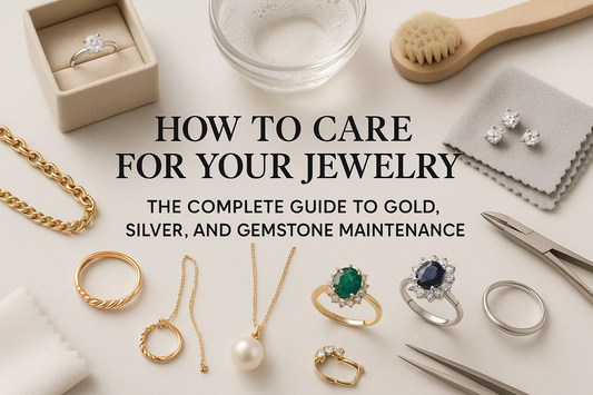 How to care for jewelry complete guide featuring gold chains, silver rings, diamond earrings, gemstone rings, and professional cleaning tools including soft brush and polishing cloth for proper jewelry maintenance