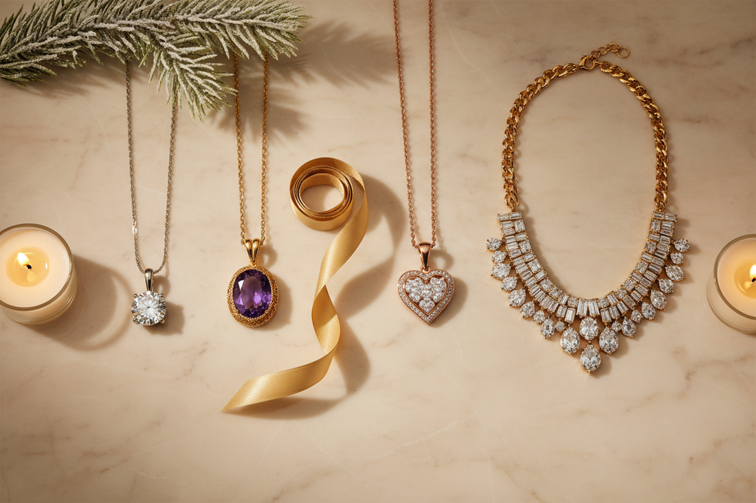 Fine jewelry necklace gift guide flat-lay featuring diamond solitaire pendant, amethyst gemstone pendant, diamond heart pendant, and statement necklace on champagne marble — Bijoux NYC Direct
