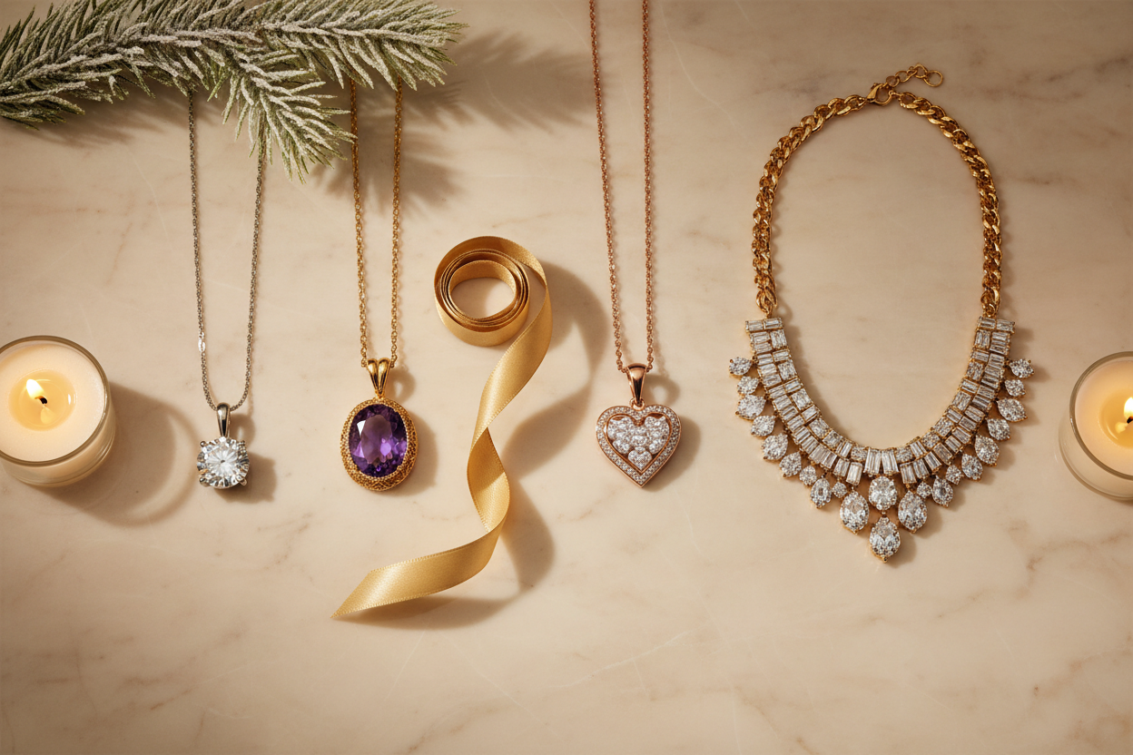 Fine jewelry necklace gift guide flat-lay featuring diamond solitaire pendant, amethyst gemstone pendant, diamond heart pendant, and statement necklace on champagne marble — Bijoux NYC Direct
