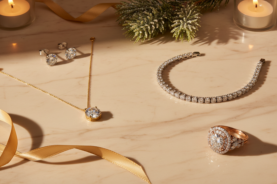 Diamond jewelry gift guide flat-lay featuring diamond stud earrings, solitaire pendant necklace, tennis bracelet, and cocktail ring on champagne marble — Bijoux NYC Direct