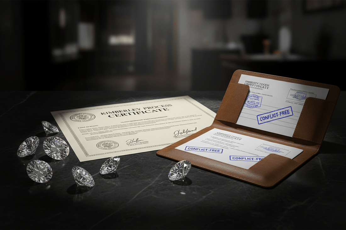Kimberley Process certification document with conflict-free diamonds and compliance documentation showing ethical sourcing standards and international diamond trade regulations