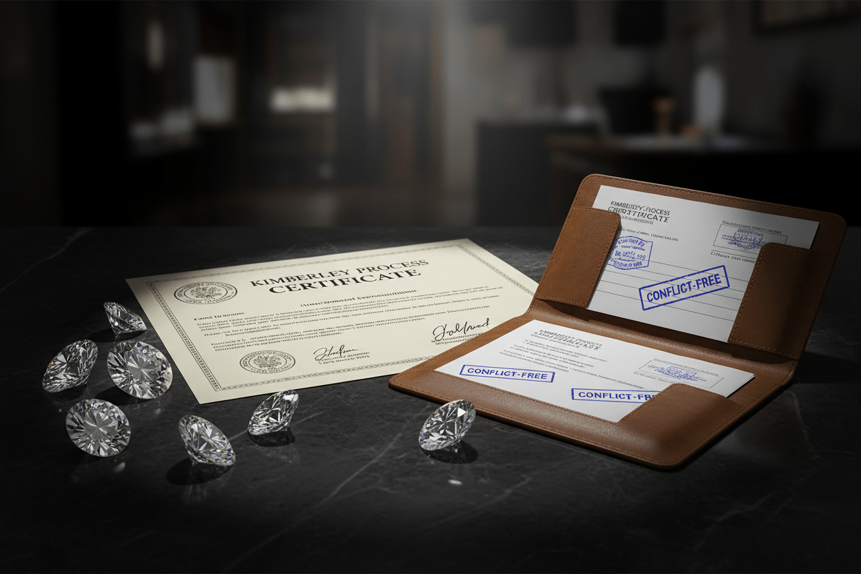 Kimberley Process certification document with conflict-free diamonds and compliance documentation showing ethical sourcing standards and international diamond trade regulations